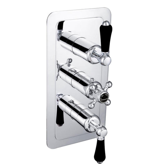 JTP Grosvenor Lever Vertical Thermostatic Concealed 2 Outlets Shower Valve Triple Handle - Chrome/Black - Envy Bathrooms Ltd