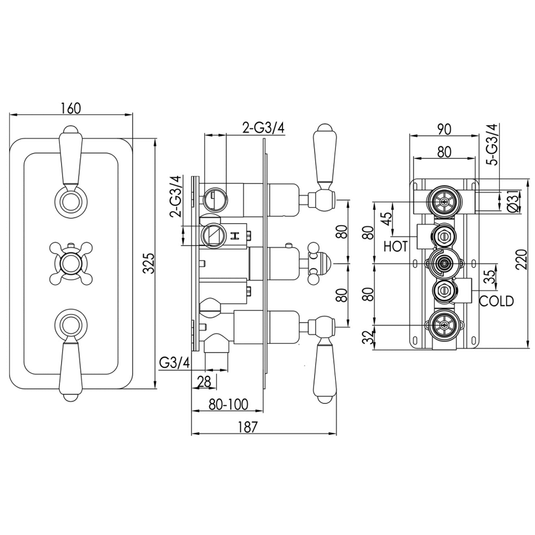 JTP Grosvenor Lever Vertical Thermostatic Concealed 3 Outlets Shower Valve - Chrome - Envy Bathrooms Ltd