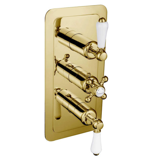 JTP Grosvenor Lever Vertical Thermostatic Concealed 3 Outlets Shower Valve Triple Handle - Gold/White - Envy Bathrooms Ltd