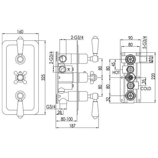 JTP Grosvenor Lever Vertical Thermostatic Concealed 3 Outlets Shower Valve Triple Handle - Gold/White - Envy Bathrooms Ltd