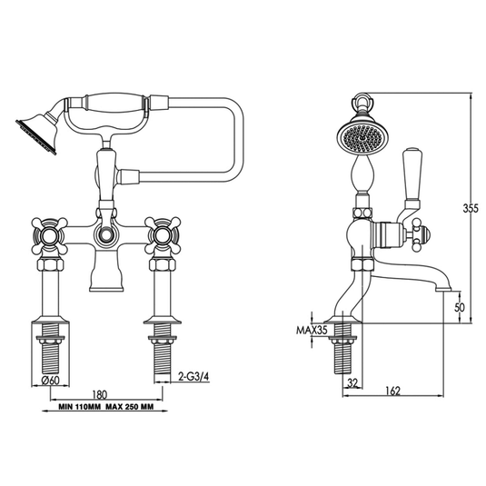 JTP Grosvenor Pillar Mounted Bath Shower Mixer Tap Cross Handle with Kit - Chrome/Black - Envy Bathrooms Ltd