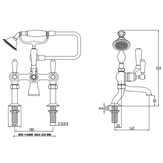 JTP Grosvenor Pillar Mounted Bath Shower Mixer Tap Lever Handle with Kit - Chrome/Black - Envy Bathrooms Ltd