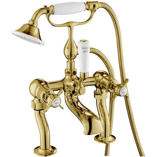 JTP Grosvenor Pinch Handle Bath Shower Mixer Tap with Shower Kit - Antique Brass - Envy Bathrooms Ltd