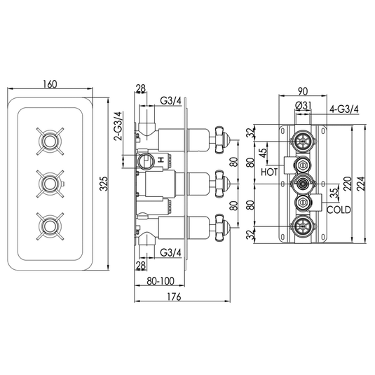 JTP Grosvenor Pinch Horizontal Thermostatic Concealed 2 Outlets Shower Valve Triple Handle - Gold/White - Envy Bathrooms Ltd