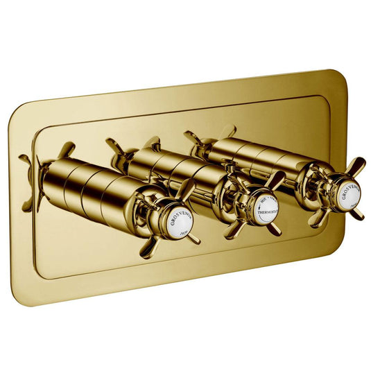 JTP Grosvenor Pinch Horizontal Thermostatic Concealed 3 Outlets Shower Valve Triple Handle - Gold/White - Envy Bathrooms Ltd