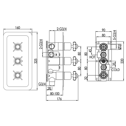 JTP Grosvenor Pinch Horizontal Thermostatic Concealed 3 Outlets Shower Valve Triple Handle - Gold/White - Envy Bathrooms Ltd