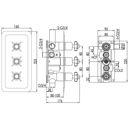 JTP Grosvenor Pinch Thermostatic 3-Outlets Concealed Shower Valve - Nickel - Envy Bathrooms Ltd