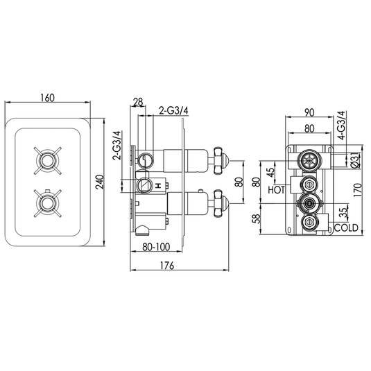 JTP Grosvenor Pinch Vertical Thermostatic 2-Outlets Concealed Shower Valve - Dual Handle - Nickel - Envy Bathrooms Ltd