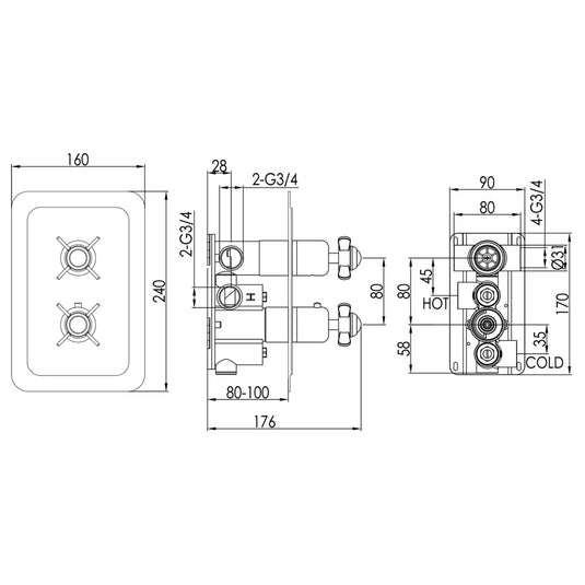 JTP Grosvenor Pinch Vertical Thermostatic Concealed 2 Outlets Shower Valve Dual Handle - Chrome/Black - Envy Bathrooms Ltd