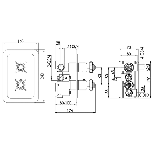 JTP Grosvenor Pinch Vertical Thermostatic Concealed 2 Outlets Shower Valve Dual Handle - Gold/White - Envy Bathrooms Ltd