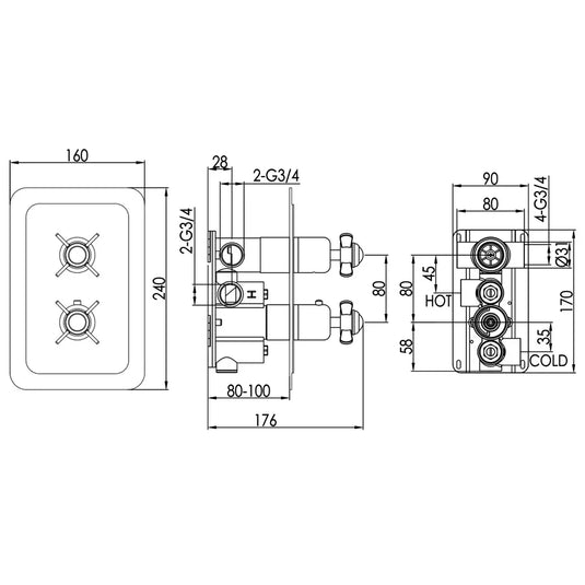 JTP Grosvenor Pinch Vertical Thermostatic Concealed 2 Outlets Shower Valve Dual Handle - Chrome - Envy Bathrooms Ltd