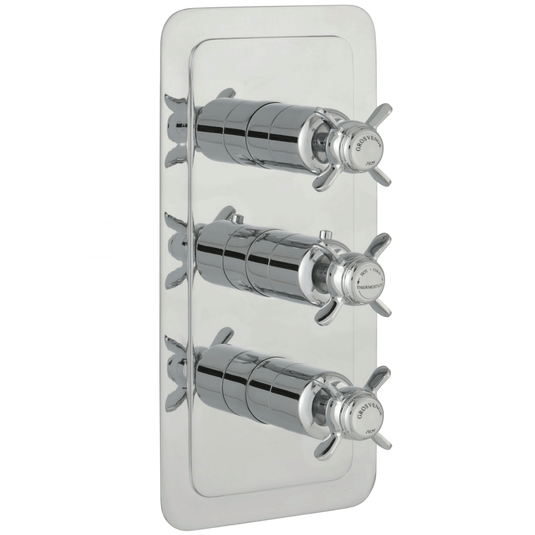 JTP Grosvenor Pinch Vertical Thermostatic Concealed 2 Outlets Shower Valve Triple Handle - Chrome - Envy Bathrooms Ltd