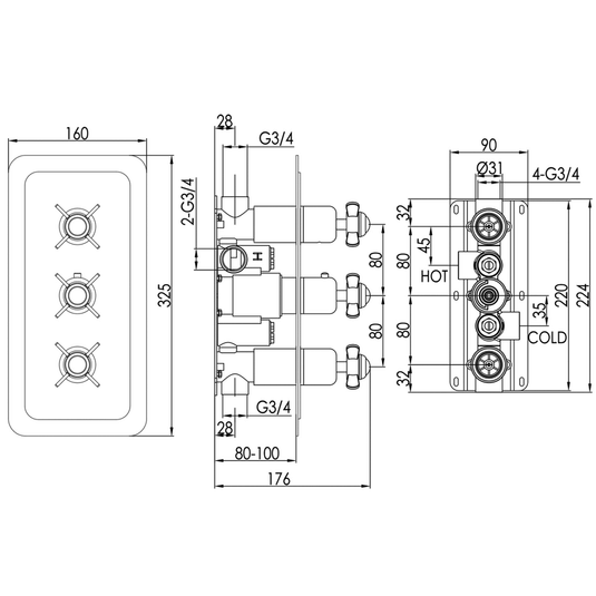 JTP Grosvenor Pinch Vertical Thermostatic Concealed 2 Outlets Shower Valve Triple Handle - Chrome - Envy Bathrooms Ltd