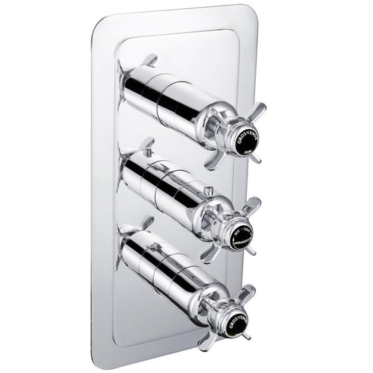 JTP Grosvenor Pinch Vertical Thermostatic Concealed 2 Outlets Shower Valve Triple Handle - Chrome/Black - Envy Bathrooms Ltd