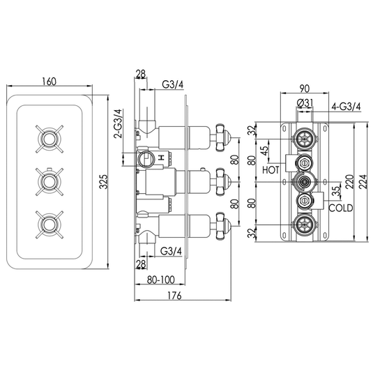 JTP Grosvenor Pinch Vertical Thermostatic Concealed 2 Outlets Shower Valve Triple Handle - Chrome/Black - Envy Bathrooms Ltd