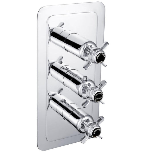JTP Grosvenor Pinch Vertical Thermostatic Concealed 2 Outlets Shower Valve Triple Handle - Chrome/Black - Envy Bathrooms Ltd
