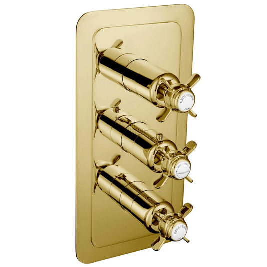 JTP Grosvenor Pinch Vertical Thermostatic Concealed 2 Outlets Shower Valve Triple Handle - Gold/White - Envy Bathrooms Ltd