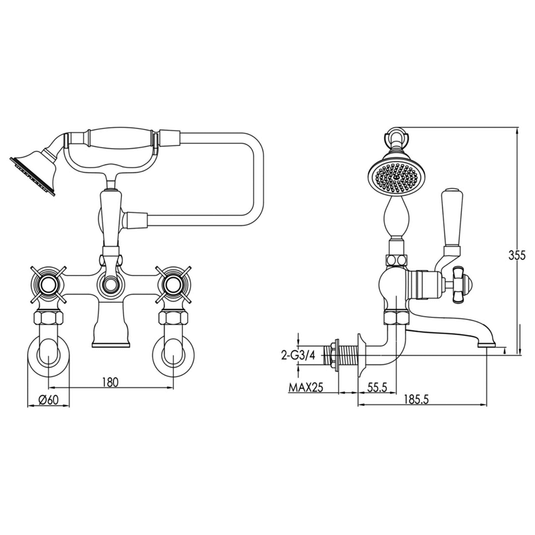 JTP Grosvenor Pinch Wall Mounted Bath Shower Mixer Tap with Shower Kit - Nickel - Envy Bathrooms Ltd