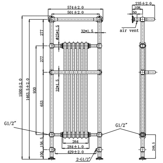 JTP Grosvenor Radiator Heated Towel Rail 1500mm H x 574mm W - Chrome - Envy Bathrooms Ltd