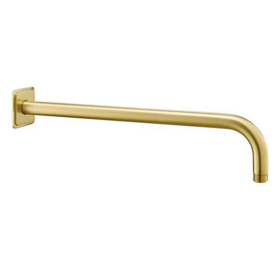 Brushed brass round wall-mounted shower arm with square backplate, 400mm length