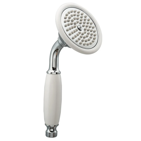 Chrome and white single function shower handset with round nozzle and ergonomic handle