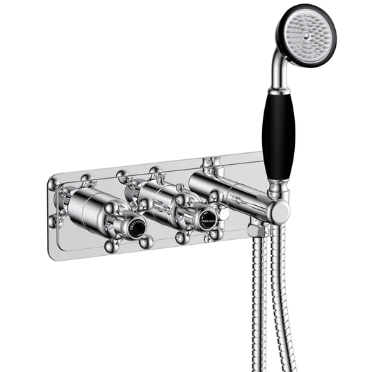 JTP Grosvenor Thermostatic Concealed Shower Valve Dual Cross Handle with Handset - Chrome/Black - Envy Bathrooms Ltd