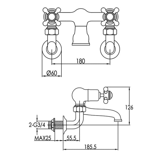 JTP Grosvenor Wall Mounted Crosshead Bath Filler Tap - Antique Brass - Envy Bathrooms Ltd