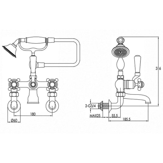 JTP Grosvenor Wall Mounted Lever and Crosshead Bath Shower Mixer Tap with Shower Kit - Chrome - Envy Bathrooms Ltd