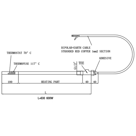 JTP Heating Element with T Piece 600W - Brushed Black - ELE600WBBL