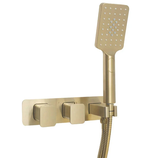 JTP Hix 2-Outlet Dual Handle Thermostatic Concealed Shower Valve with Attached Handset - Brushed Brass PVD - Envy Bathrooms Ltd