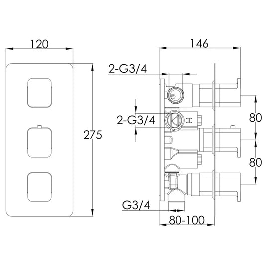 JTP Hix 3-Outlet Thermostatic Concealed Shower Valve - Brushed Brass PVD - Envy Bathrooms Ltd
