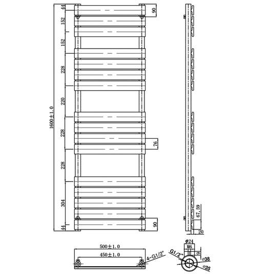 JTP Hix Designer Heated Towel Rail 1600mm H x 500mm W - Brushed Black - Envy Bathrooms Ltd