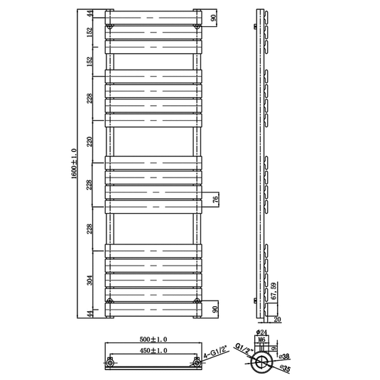 JTP Hix Designer Heated Towel Rail 1600mm H x 500mm W - Matt Black - Envy Bathrooms Ltd