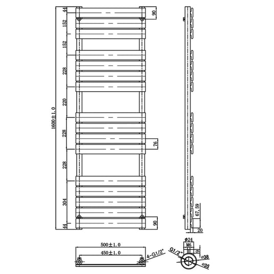 JTP Hix Designer Heated Towel Rail 1600mm H x 500mm W - Matt Black - Envy Bathrooms Ltd