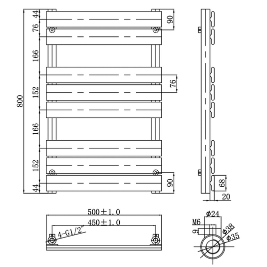 JTP Hix Designer Heated Towel Rail 800mm H x 500mm W - Brushed Brass - Envy Bathrooms Ltd