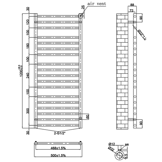 JTP Inox Designer Heated Towel Rail 1200mm H x 500mm W - Brushed Stainless Steel - Envy Bathrooms Ltd