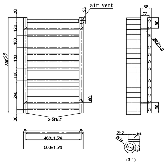 JTP Inox Designer Heated Towel Rail 800mm H x 500mm W - Stainless Steel - Envy Bathrooms Ltd