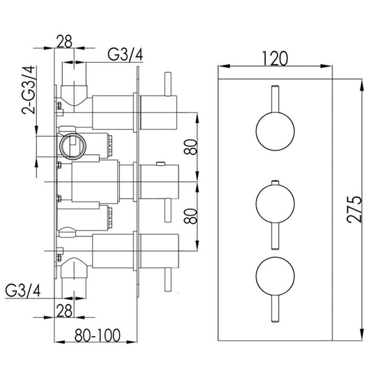 JTP Inox Thermostatic Concealed 2 Outlets Shower Valve Triple Handle - Stainless Steel - Envy Bathrooms Ltd