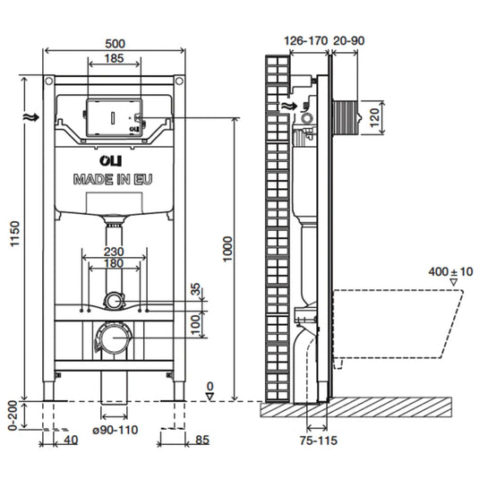JTP Pre-Wall Freestanding WC Frame 1150mm H x 500mm W (Including Brackets and Bend) - Envy Bathrooms Ltd