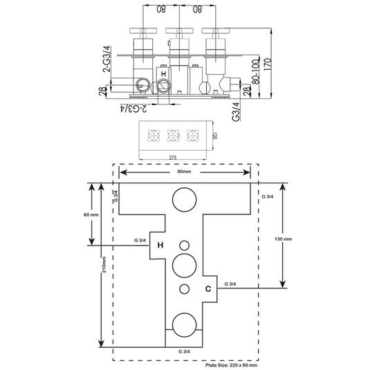 JTP Solex Horizontal Thermostatic Concealed 3 Outlets Shower Valve - Chrome - Envy Bathrooms Ltd