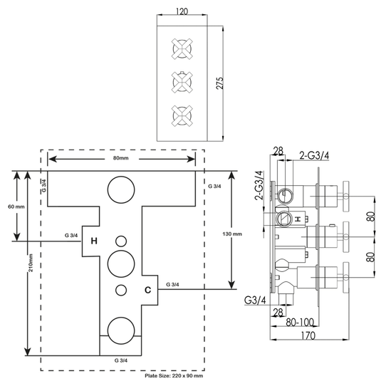 JTP Solex Vertical Concealed 3-Outlets Shower Valve - Triple Handle - Matt Black - Envy Bathrooms Ltd