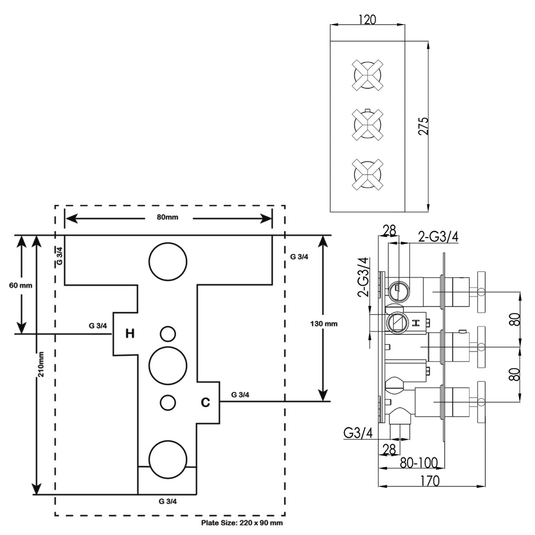 JTP Solex Vertical Thermostatic Concealed 3 Outlets Shower Valve - Chrome - Envy Bathrooms Ltd