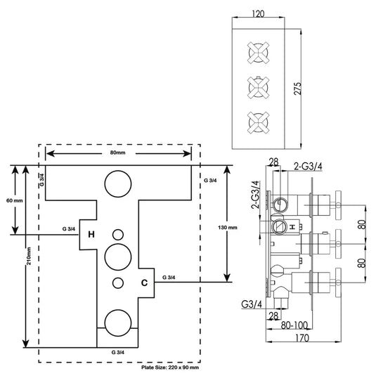 JTP Solex Vertical Thermostatic Concealed 3 Outlets Shower Valve - Chrome - Envy Bathrooms Ltd