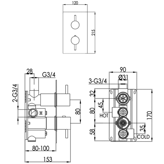 JTP Vos 1-Outlet Dual Designer Handle Thermostatic Concealed Shower Valve - Brushed Black - Envy Bathrooms Ltd