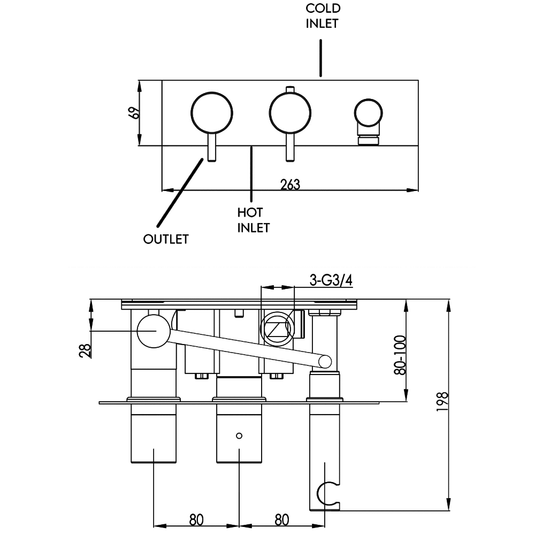 JTP Vos 2-Outlet Dual Designer Handle Horizontal Thermostatic Concealed Shower Valve with Handset - Brushed Black - Envy Bathrooms Ltd