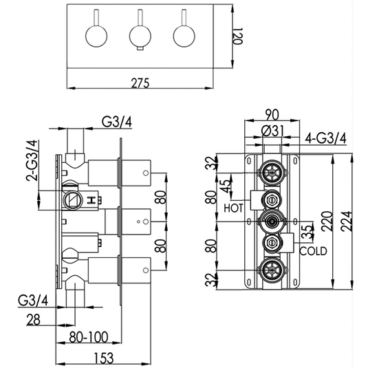 JTP Vos 2-Outlet Triple Designer Handle Horizontal Thermostatic Concealed Shower Valve - Brushed Black - Envy Bathrooms Ltd