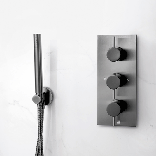 JTP Vos 2-Outlet Triple Designer Handle Thermostatic Concealed Shower Valve - Brushed Black - Envy Bathrooms Ltd