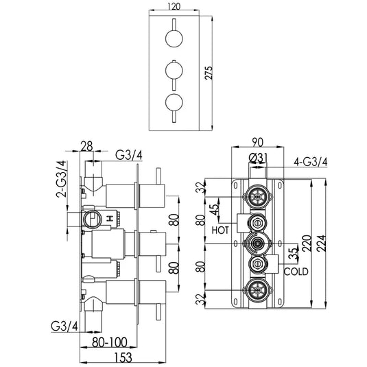 JTP Vos 2-Outlet Triple Handle Thermostatic Concealed Shower Valve - Brushed Bronze - Envy Bathrooms Ltd