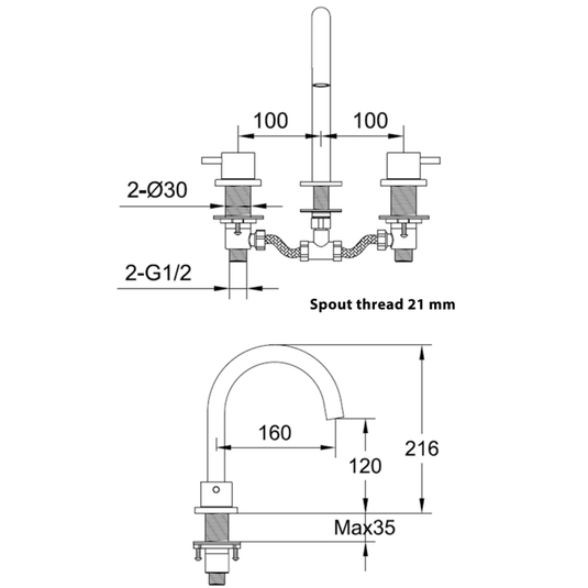 JTP Vos 3-Hole Deck Mounted Basin Mixer Tap - Brushed Brass - Envy Bathrooms Ltd