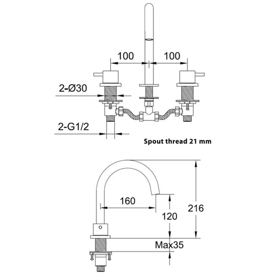 JTP Vos 3-Hole Deck Mounted Basin Mixer Tap - Brushed Brass - Envy Bathrooms Ltd